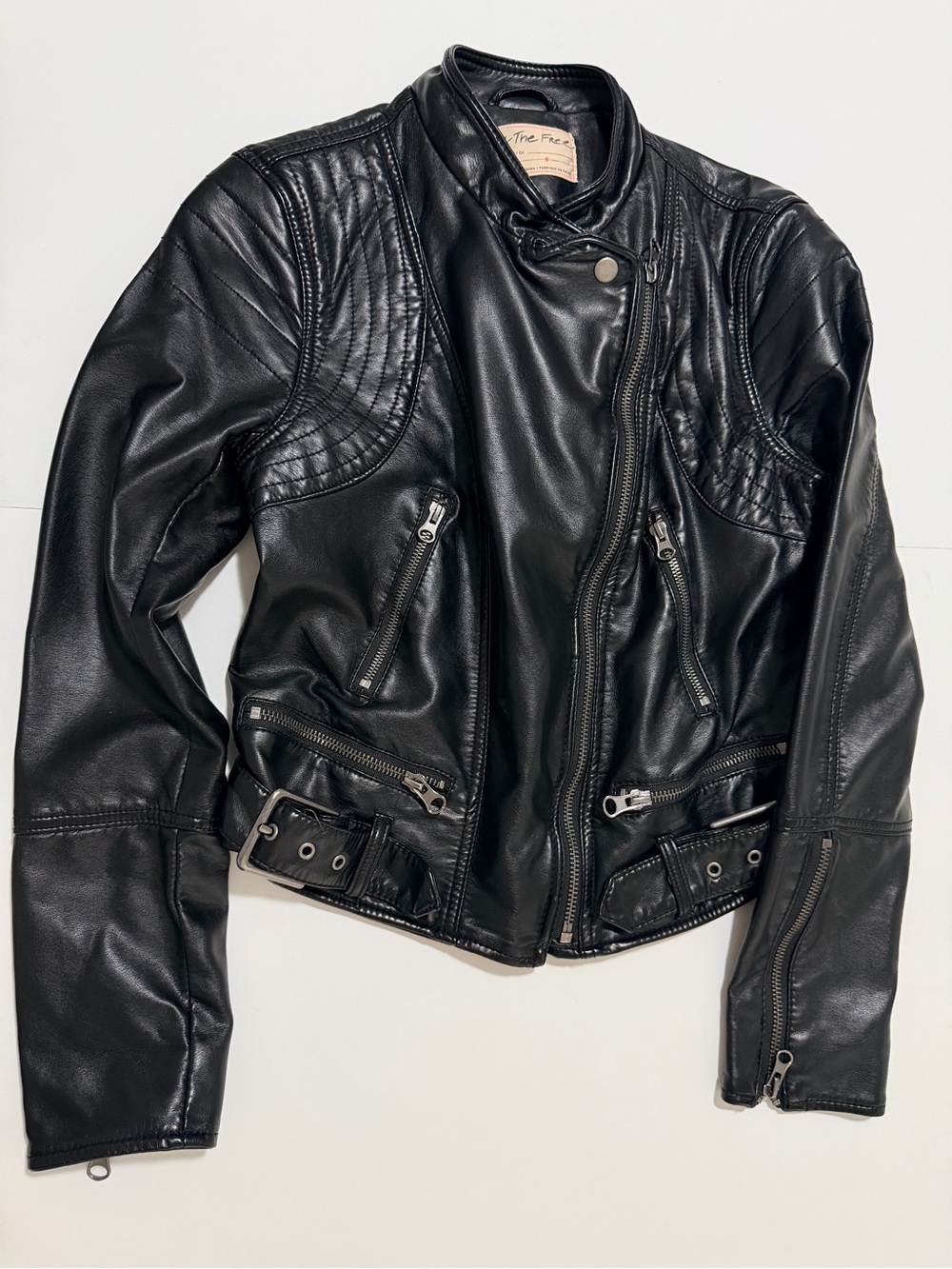 Free People ( We the Free)Black Faux Leather Moto Jacket with Quilted Details